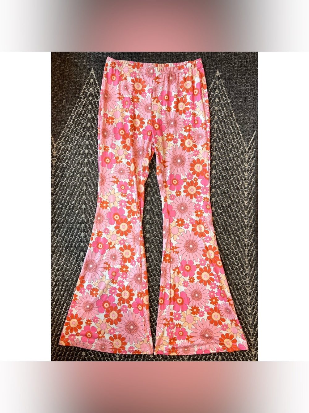 SHEIN Womens Retro Floral Print Flare Pants Pink Orange 70s Bell Bottoms L NEW